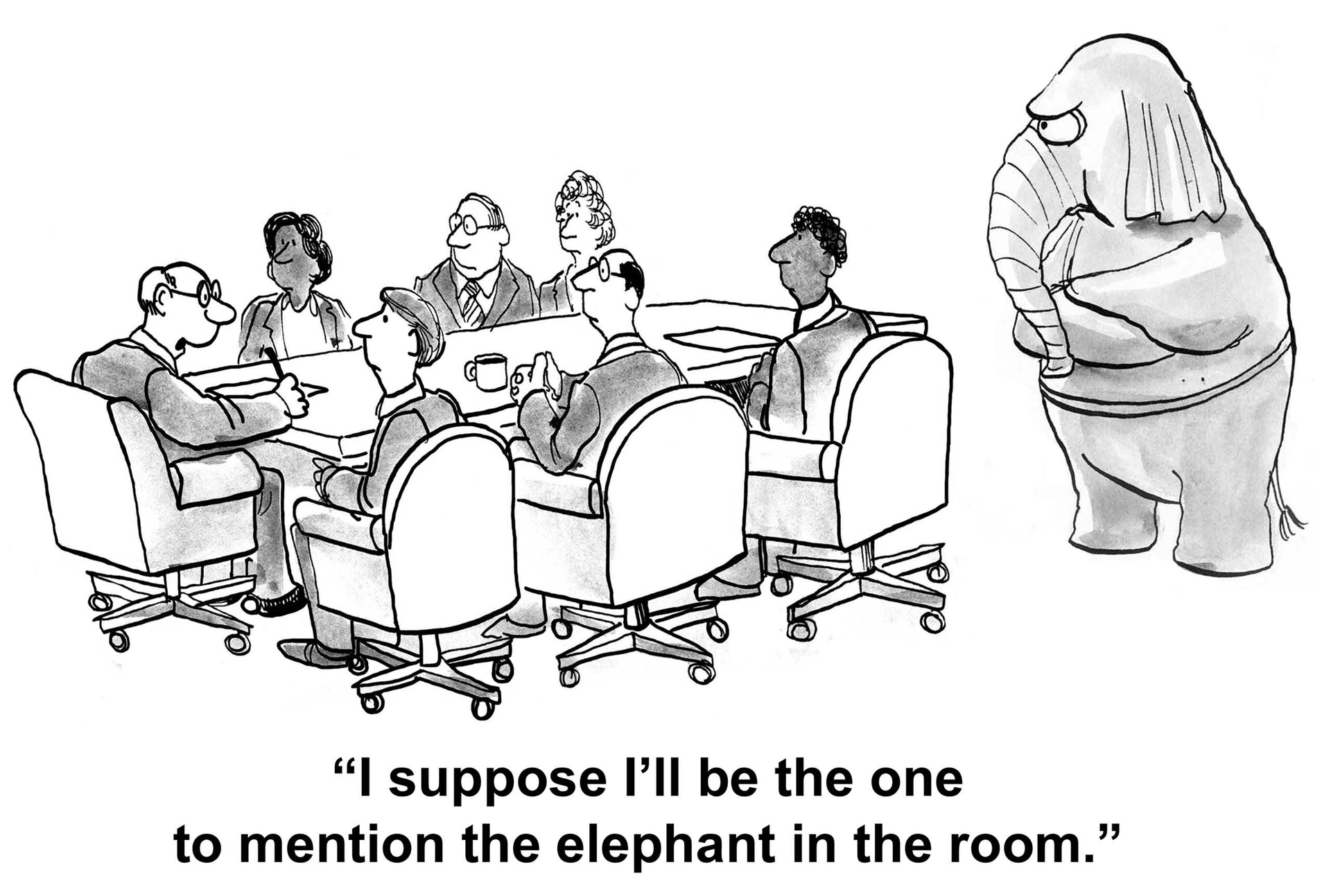 A meeting of business people with a elephant at the corner of the room 